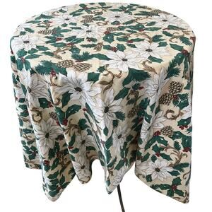 Vintage Christmas floral oval tablecloth pinecones poinsettia holly table decor